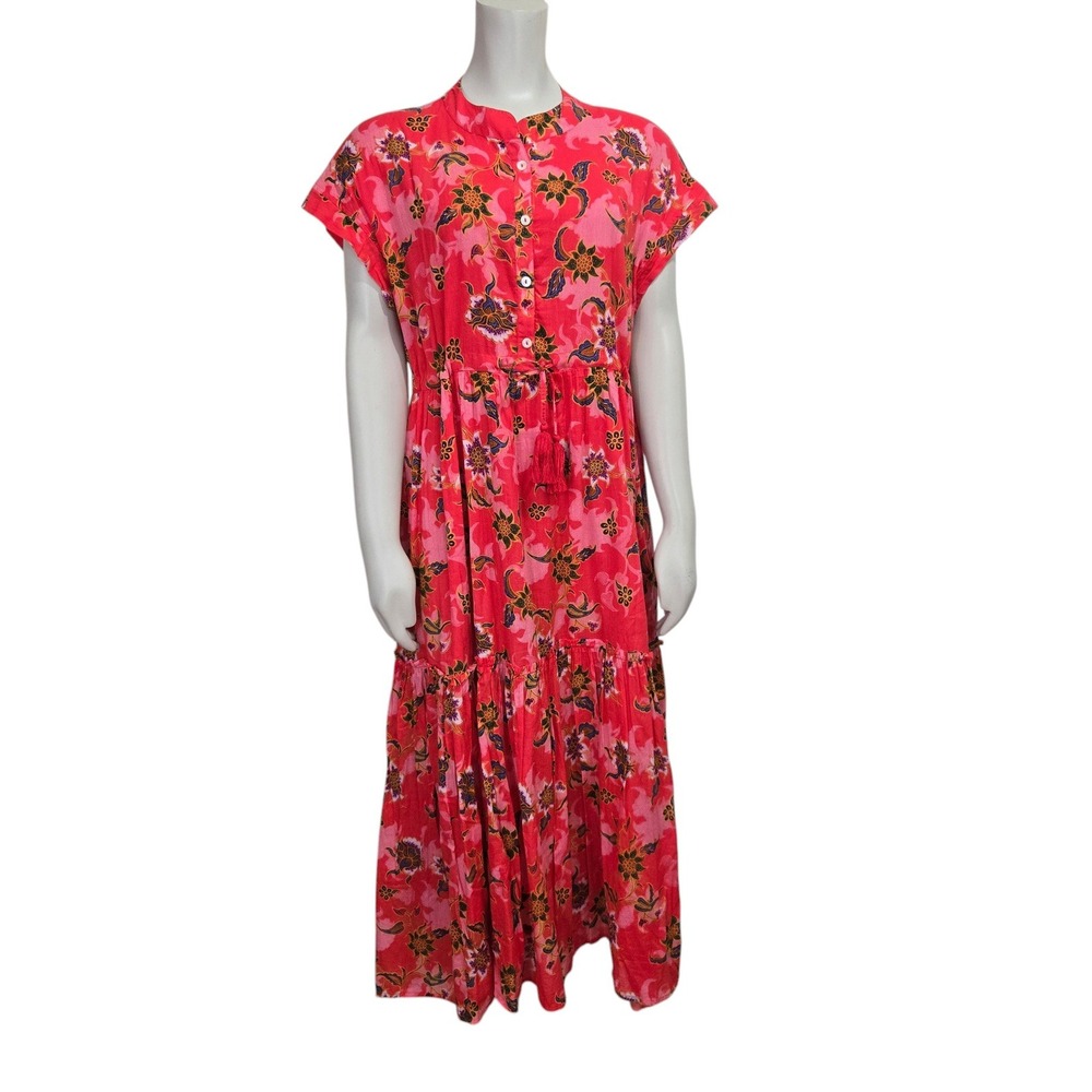 Ro's Garden Mumi Midi Dress Large Pink Red Floral Batik Tiered Tassel Cotton
